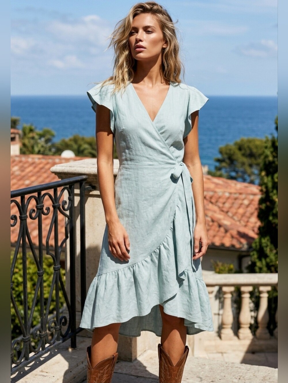DREW Light Blue Wrap Midi Dress Size S